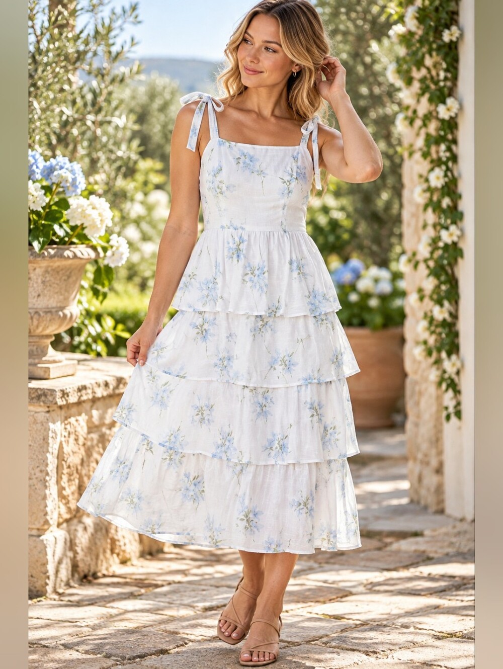 Altar'd State White Midi Dress with Light Blue Floral Print NWOT L
